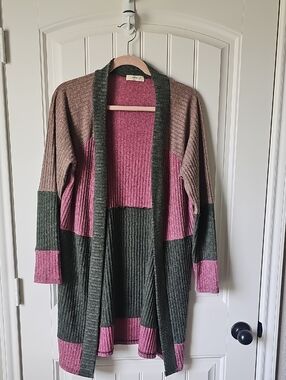 entro Mauve, Tan & Olive Colorblock Ribbed Open Cardigan